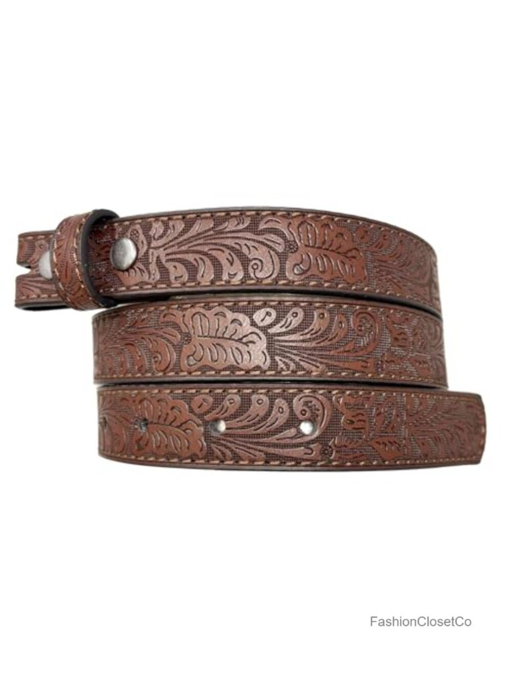 Genuine Bonded Leather Belt Strap Embossed Western Scrollwork 1 Inch Wide Snaps